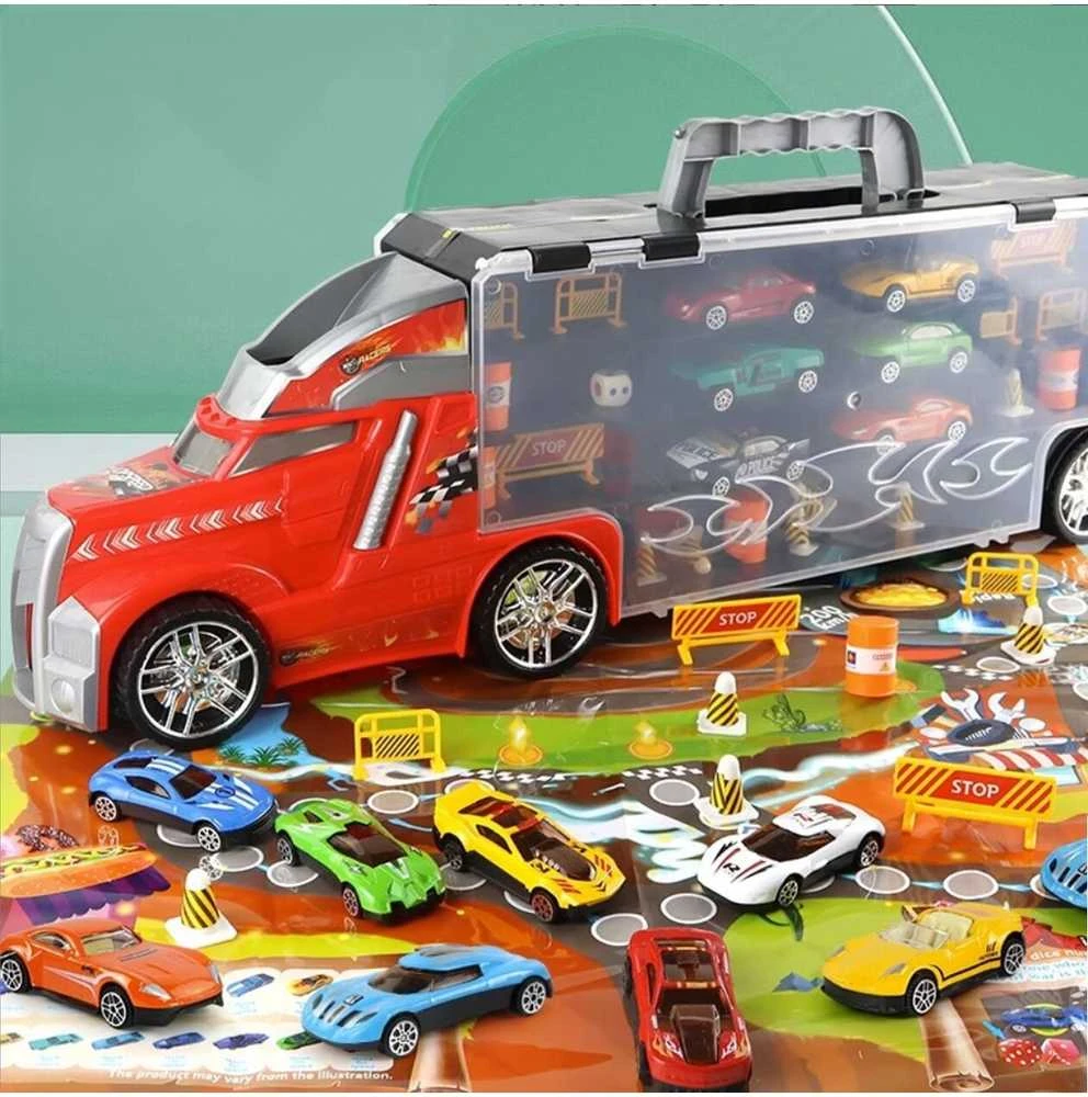 Malplay Žaislinis sunkvežimis su 6 automobiliais ir stalo žaidimo kilimėliu
