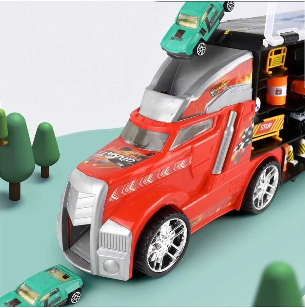 Malplay Žaislinis sunkvežimis su 6 automobiliais ir stalo žaidimo kilimėliu