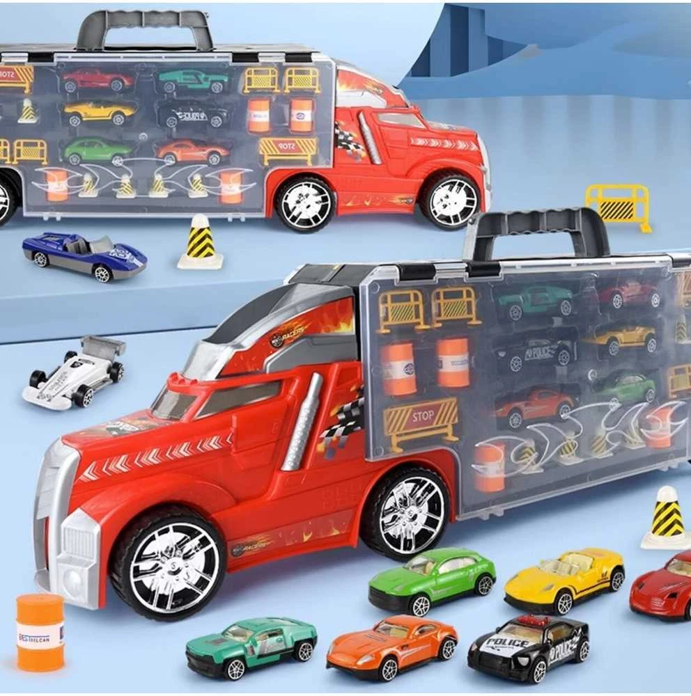 Malplay Žaislinis sunkvežimis su 6 automobiliais ir stalo žaidimo kilimėliu