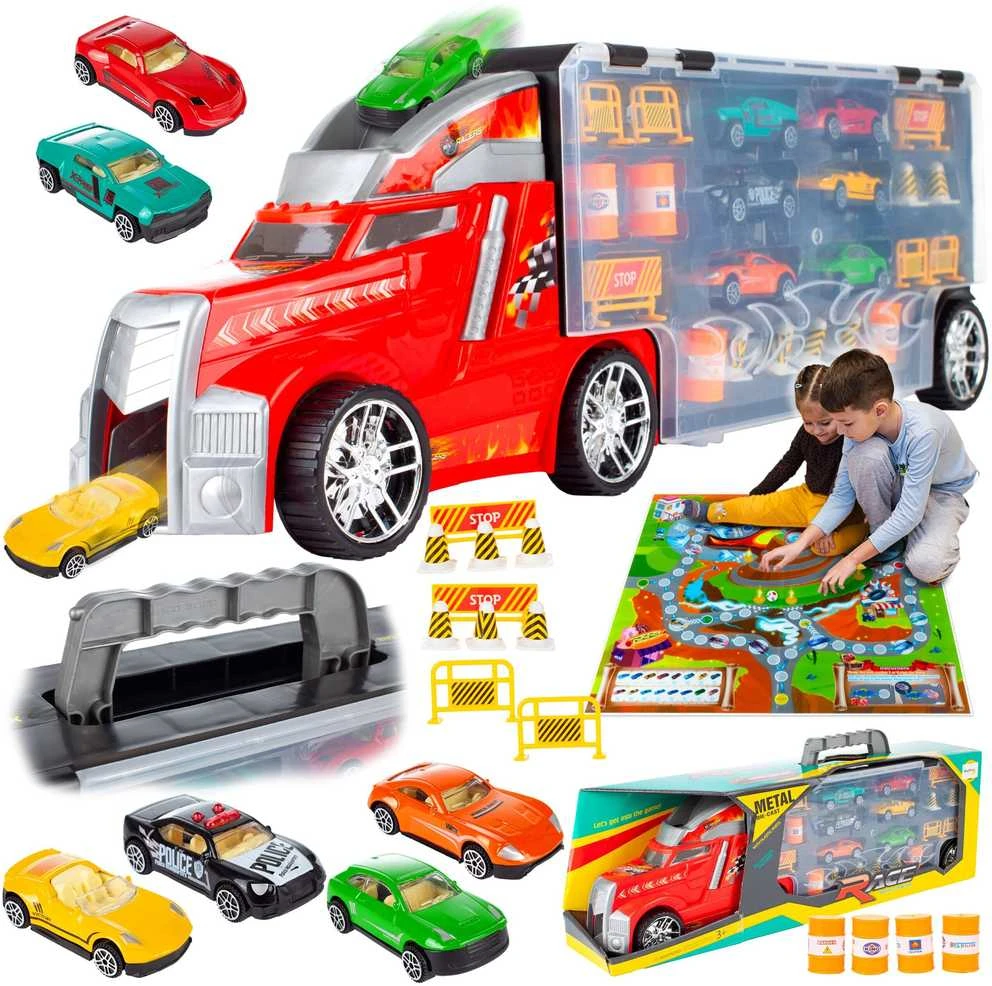 Malplay Žaislinis sunkvežimis su 6 automobiliais ir stalo žaidimo kilimėliu