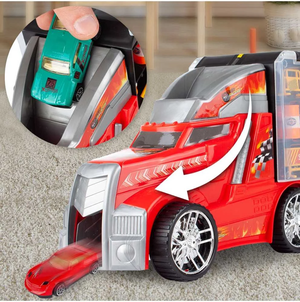 Malplay Žaislinis sunkvežimis su 6 automobiliais ir stalo žaidimo kilimėliu