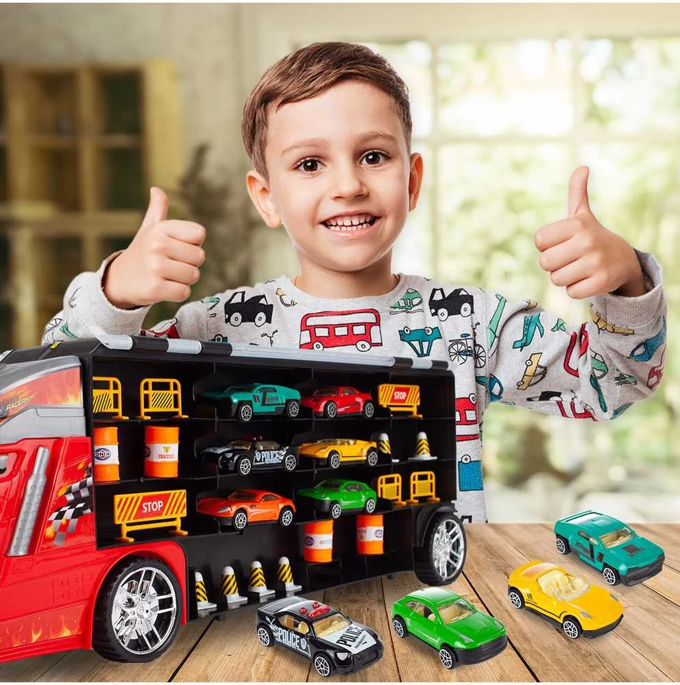 Malplay Žaislinis sunkvežimis su 6 automobiliais ir stalo žaidimo kilimėliu