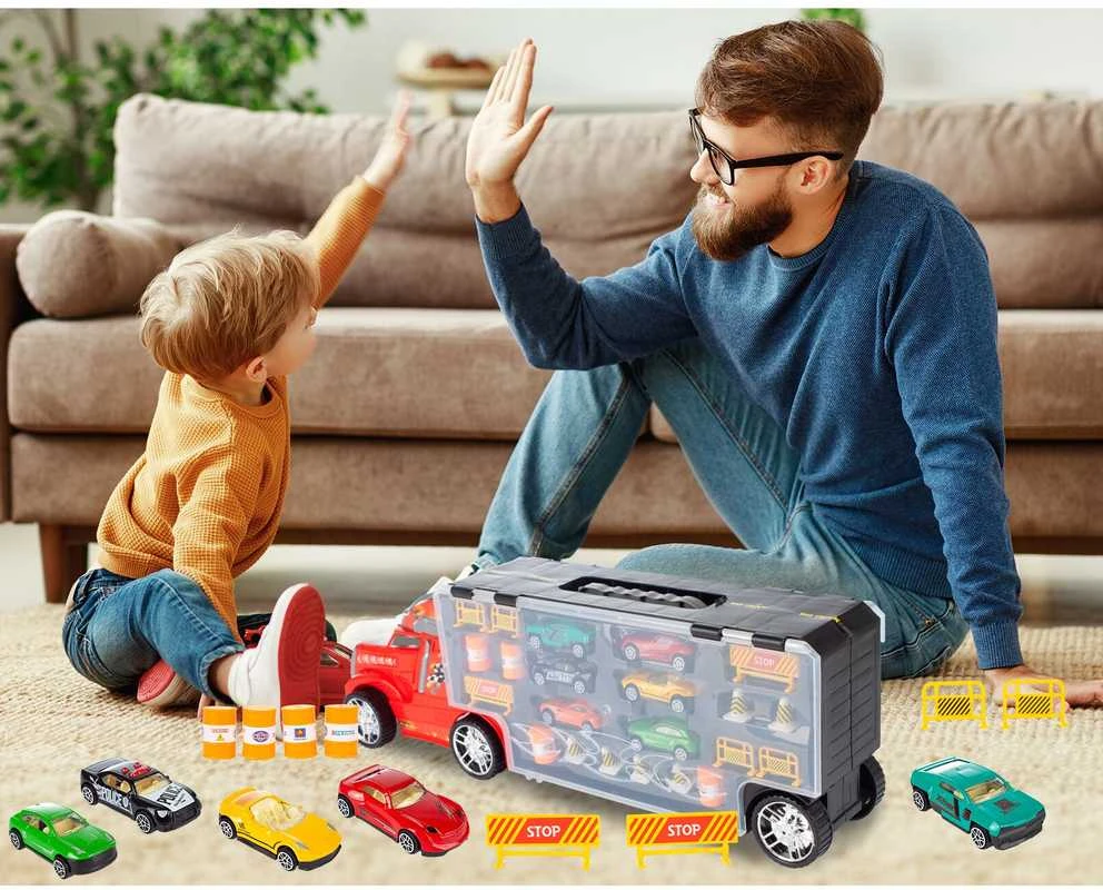 Malplay Žaislinis sunkvežimis su 6 automobiliais ir stalo žaidimo kilimėliu