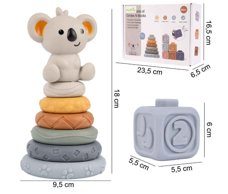 Malplay Montessori sensorinės kaladėlės - piramidė Koala, 13 vnt