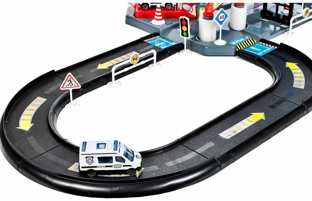 Malplay Žaislinė automobilių stovėjimo aikštelė, trasa POLICE 2 aukštai, 4 automobiliai ir sraigtasparnis