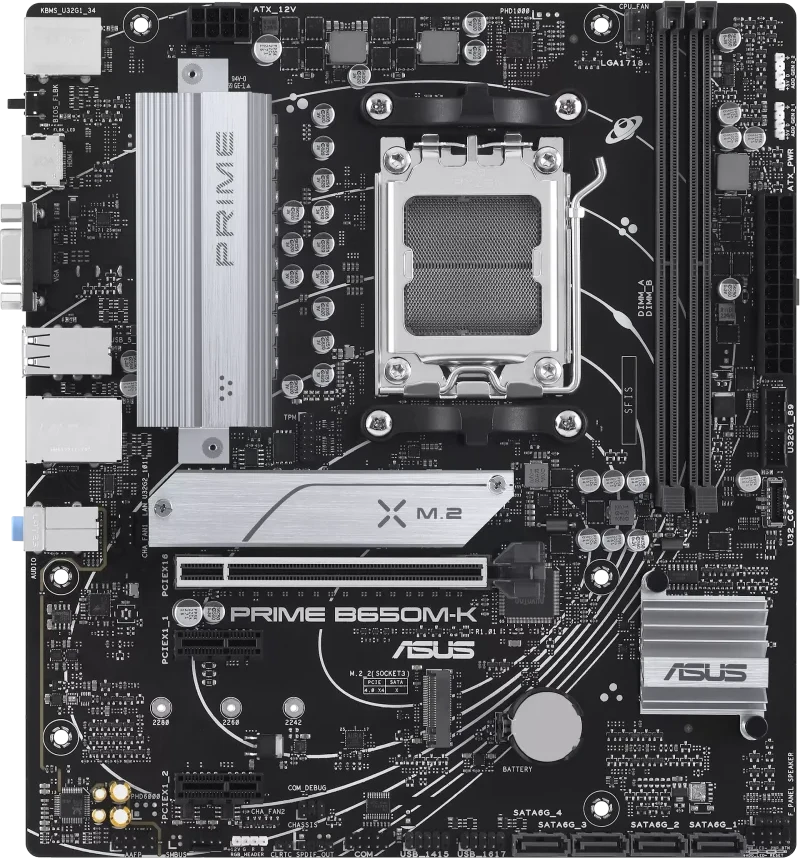 Pagrindinė plokštė Asus | PRIME B650M-K | Procesorių šeima AMD | Procesoriaus lizdas AM5 | DDR5 | Palaikomos standžiojo disko sąsajos SATA, M.2 | SATA jungčių skaičius 4