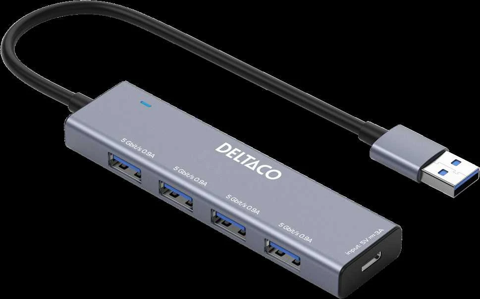 USB-A šakotuvas DELTACO, 4x USB-A lizdas, 5 Gbps, aliuminis, pilkas / UH-738 / 1903171