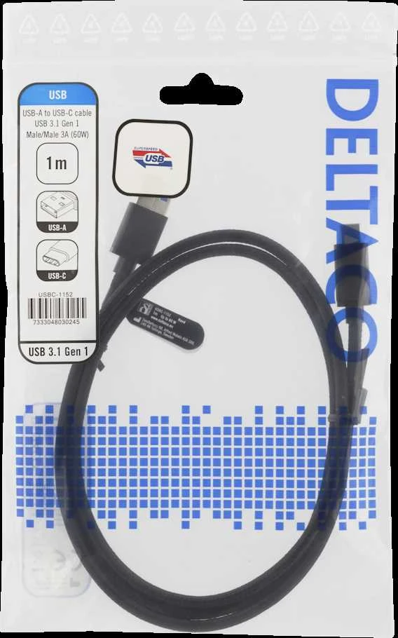 Deltaco USBC-1152 1m 3A 60W Juodas (Juodas) USB Kabelis