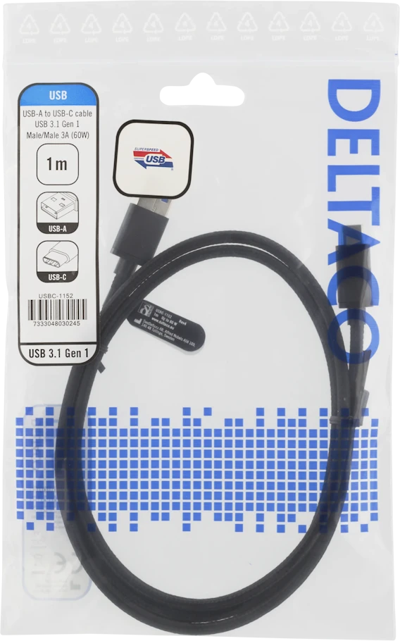 Deltaco USBC-1152 1m 3A 60W Juodas (Juodas) USB Kabelis