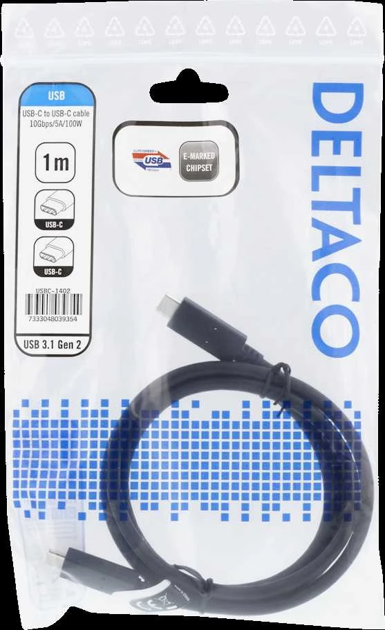 DELTACO USB-C į USB-C laidas, 1m, 10Gbps, 100W 5A, USB 3.1 Gen Juodas USBC-1402