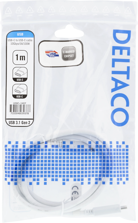 Deltaco USBC-1407M 1m 10Gbps 5A 100W Baltas (Baltas) USB-C Laidas