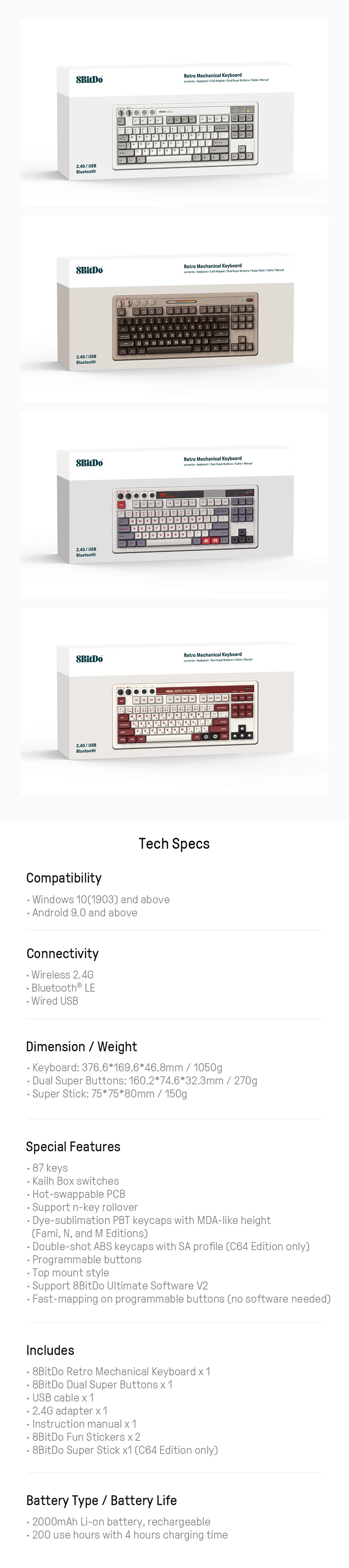 8BitDo Retro 87 Wireless Belaidė Žaidimų Klaviatūra | Clear Mėlyna, Kailh Box Baltas V2 aprašymas - Prekės nuotrauka