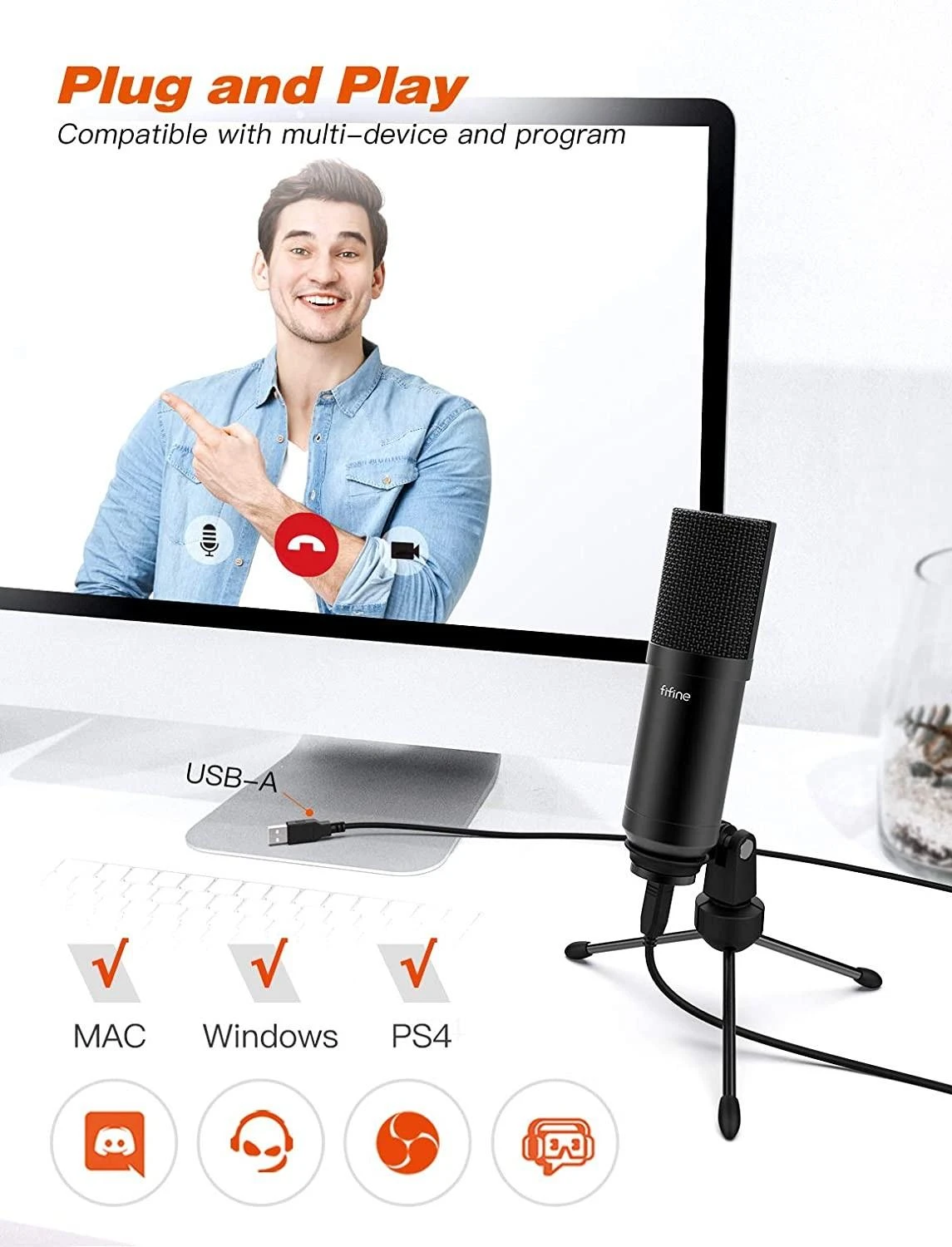 FIFINE T732 juodas kondensatorinis mikrofonas su laidu + laikiklis | USB