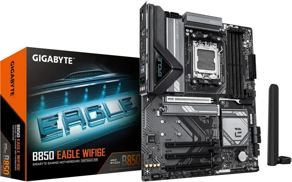 Pagrindinė plokštė Gigabyte B850 EAGLE WIFI6E | Procesorių šeima AMD | Procesoriaus lizdas AM5 | DDR5 | Palaikomos standžiojo disko sąsajos SATA, M.2 | SATA jungčių skaičius 4