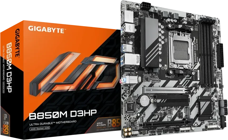 Pagrindinė plokštė GIGABYTE B850M D3HP Motherboard - AMD Ryzen 9000 Series CPUs, 5+2+2 Phases Digital VRM, iki 8200MHz DDR5 (OC), 1xPCIe 5.0 + 1xPCIe 4.0 M.2, GbE LAN, USB 3.2 Gen 2
