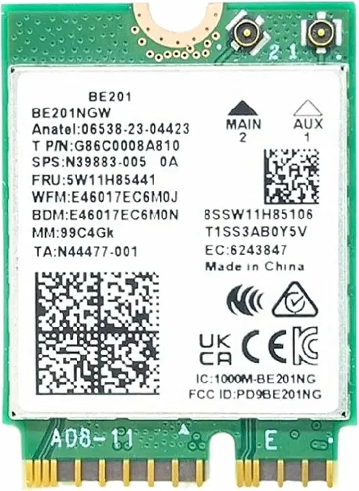 Intel Wi-Fi 7 BE201 tinklo kortelės viršutinė dalis