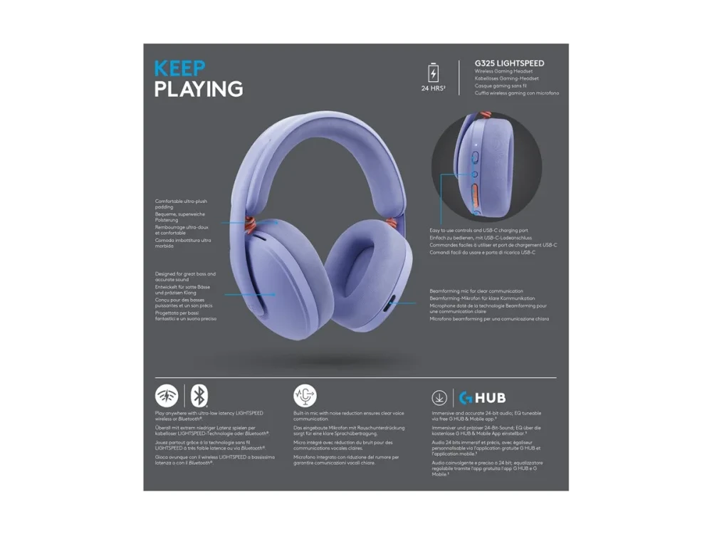 LOGITECH G325 LIGHTSPEED Belaidės Ausinės Žaidimams - LILAC - 2.4GHZ - EMEA
