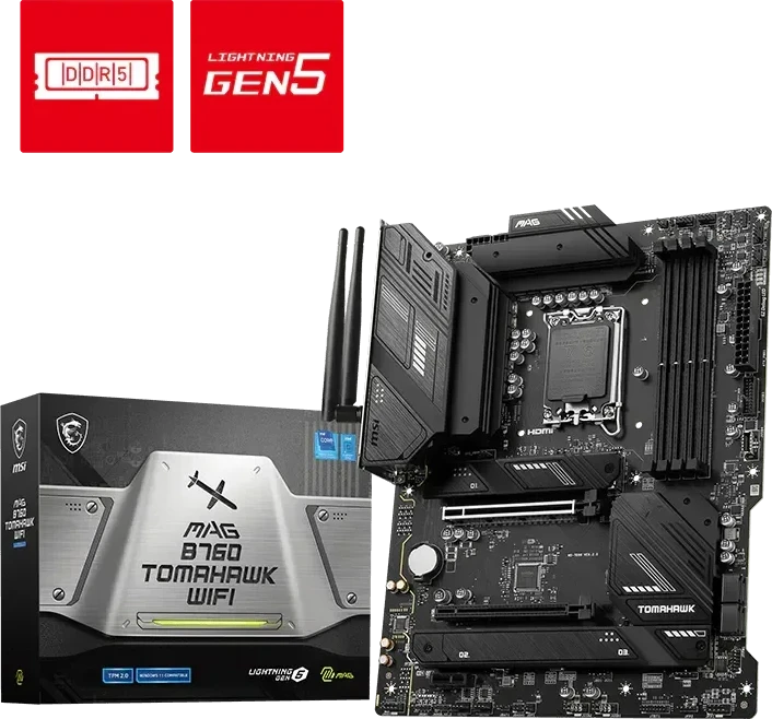 Pagrindinė plokštė MSI MAG B760 TOMAHAWK WIFI | Intel B760 Express | LGA1700 | ATX | Atmintis DDR5 | Atminties lizdai 4 | 1xPCI-Express 1x | 2xPCI-Express 16x | 3xM.2 | 1xHDMI | 1xDisplayPort