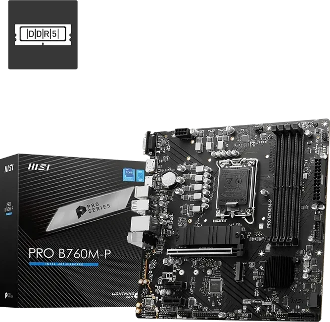 Pagrindinė plokštė MSI | PRO B760M-P | Procesorių šeima Intel | Procesoriaus lizdas LGA1700 | DDR5 DIMM | Atminties lizdai 4 | Palaikomos standžiojo disko sąsajos SATA, M.2 | SATA jungčių skaičius 4 | Mikroschemų rinkinys Intel B760 | mATX