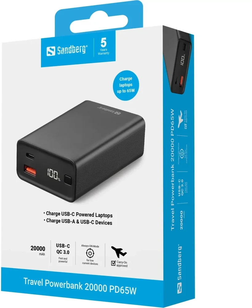 SANDBERG Travel Powerbank 20000 PD65W Išorinė Baterija