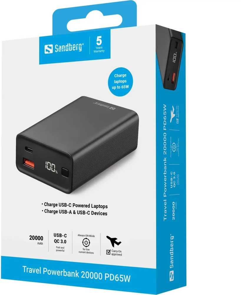 SANDBERG Travel Powerbank 20000 PD65W Išorinė Baterija