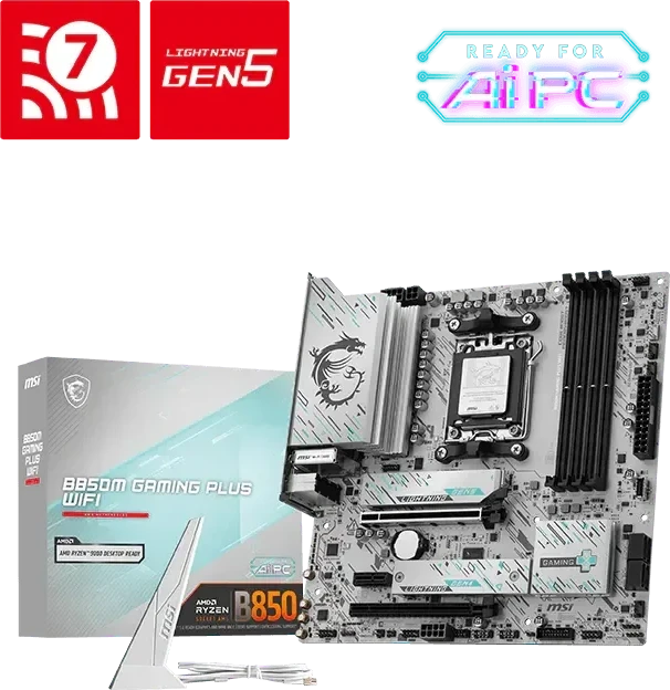 Pagrindinė plokštė MSI B850M GAMING PLUS WIFI | Procesorių šeima AMD | Procesoriaus lizdas AM5 | DDR5 | Palaikomos standžiojo disko sąsajos SATA, M.2 | SATA jungčių skaičius 4