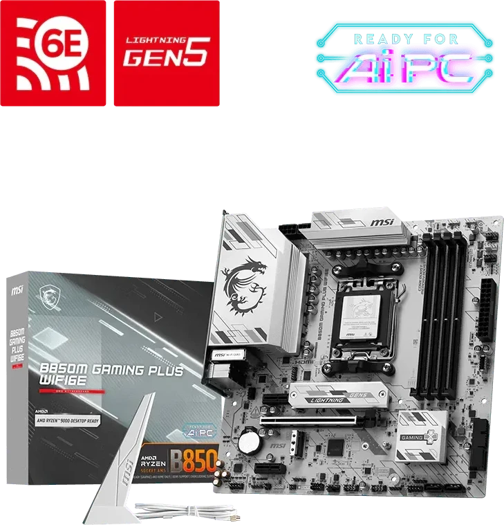 Pagrindinė plokštė MSI B850M GAMING PLUS WIFI6E | Procesorių šeima AMD | Procesoriaus lizdas AM5 | Palaikomos standžiojo disko sąsajos SATA, M.2 | SATA jungčių skaičius 4