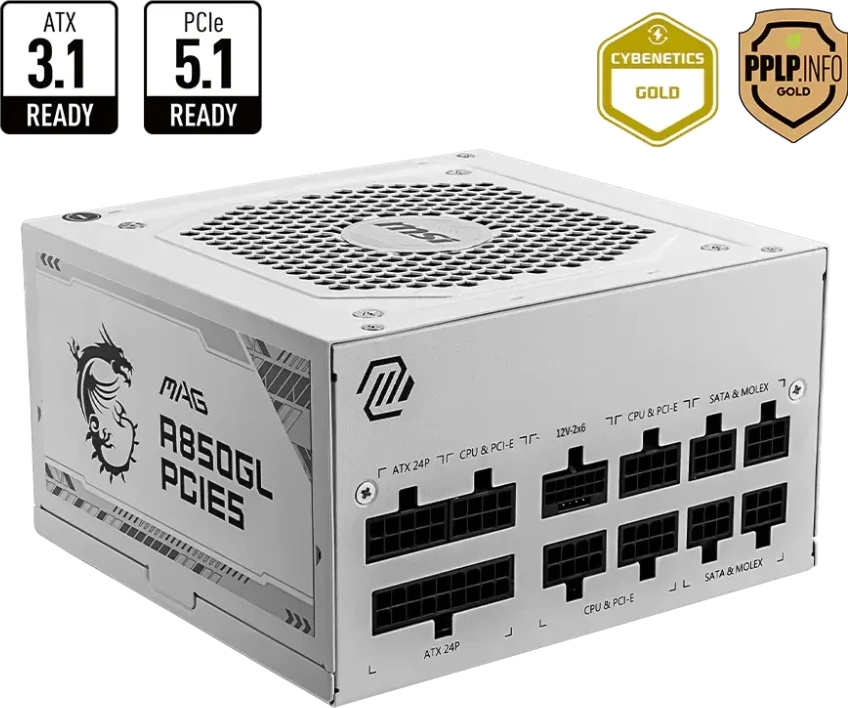 MSI Maitinimo šaltinis MAG A850GL PCIE5 WHITE / 80 PLUS Gold / 850W / Active PFC