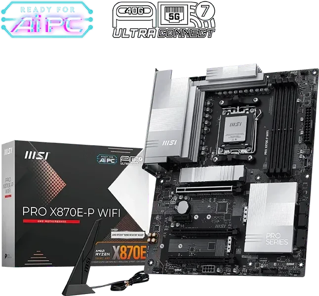 Pagrindinė plokštė MSI PRO X870E-P WIFI | Procesorių šeima AMD | Procesoriaus lizdas AM5 | DDR5 UDIMM | Palaikomos standžiojo disko sąsajos SATA, M.2 | SATA jungčių skaičius 4