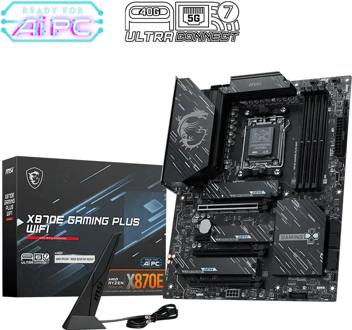 Pagrindinė plokštė MSI X870E GAMING PLUS WIFI | Procesorių šeima AMD | Procesoriaus lizdas AM5 | DDR5 UDIMM | Palaikomos standžiojo disko sąsajos SATA, M.2 | SATA jungčių skaičius 4