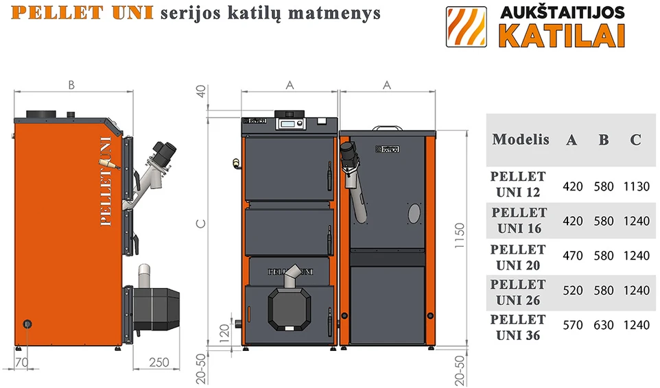 Katilas granulinis PELLET UNI 12 su KIPI ROT POWER 16 kW degikliu ir 320 l talpa