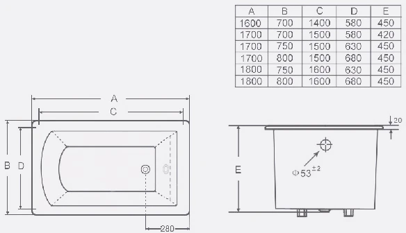 Ketinė vonia ELITE 160x70x45