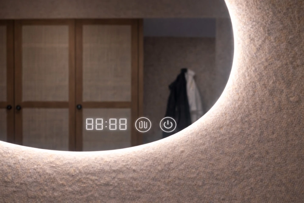 Veidrodis OVAL LED IŠMANUS su funkcija nuo rasojimo, laikrodžiu ir termometru