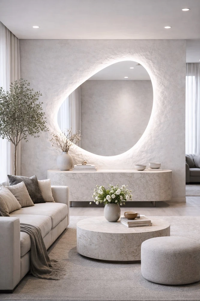 Veidrodis PEBBLE LED IŠMANUS su funkcija nuo rasojimo, laikrodžiu ir termometru
