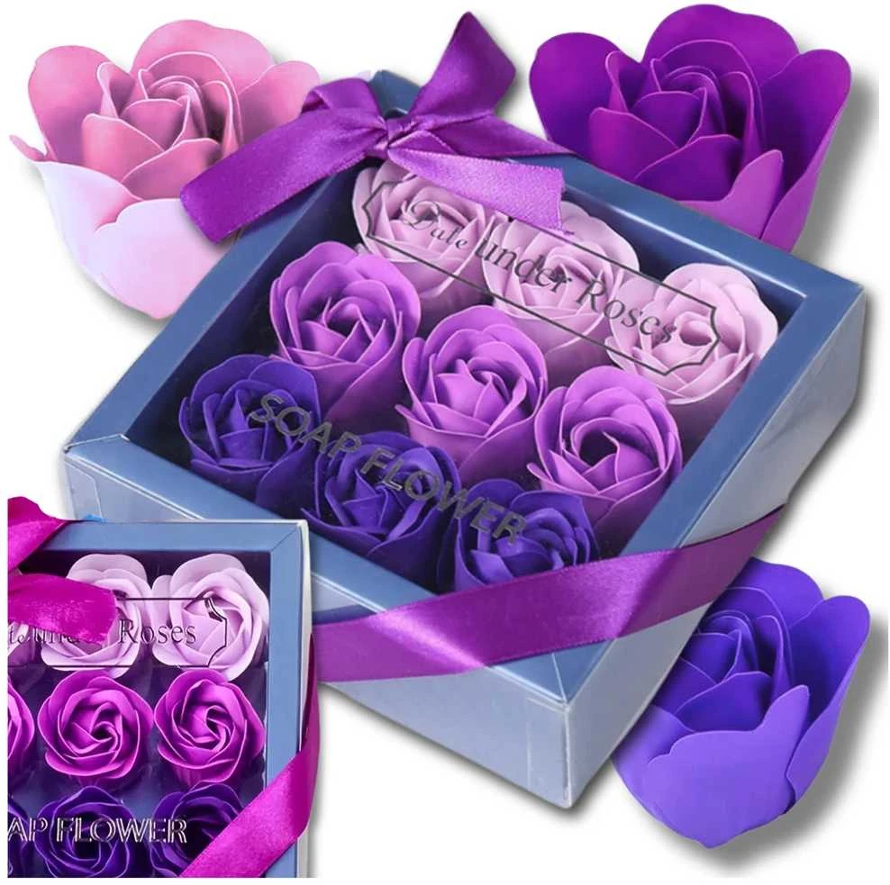 Dekoratyvinės muilinės rožės, violetinės, 9 vnt. dovanų rinkinys
