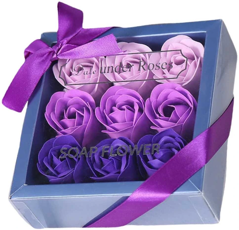 Dekoratyvinės muilinės rožės, violetinės, 9 vnt. dovanų rinkinys