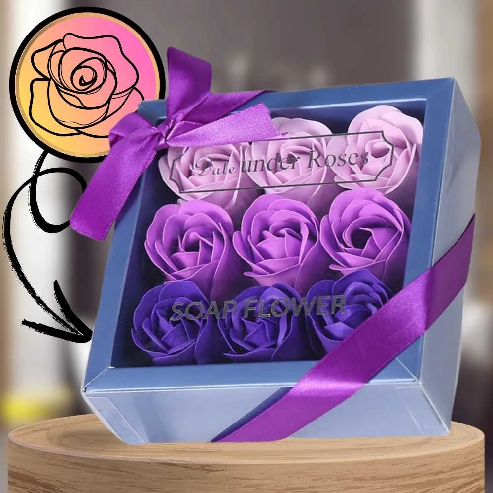 Dekoratyvinės muilinės rožės, violetinės, 9 vnt. dovanų rinkinys