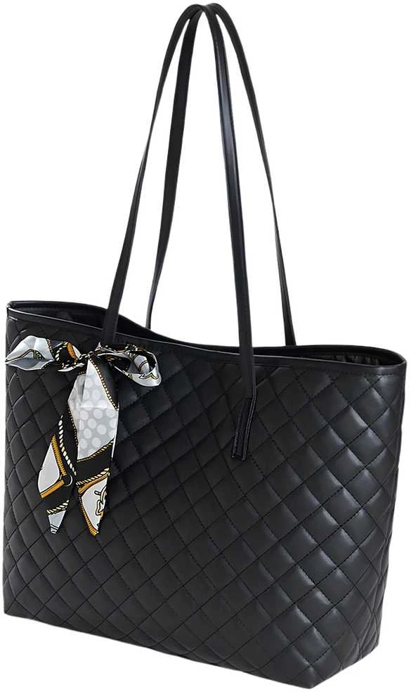 Didelė juoda dygsniuota shopper rankinė per petį