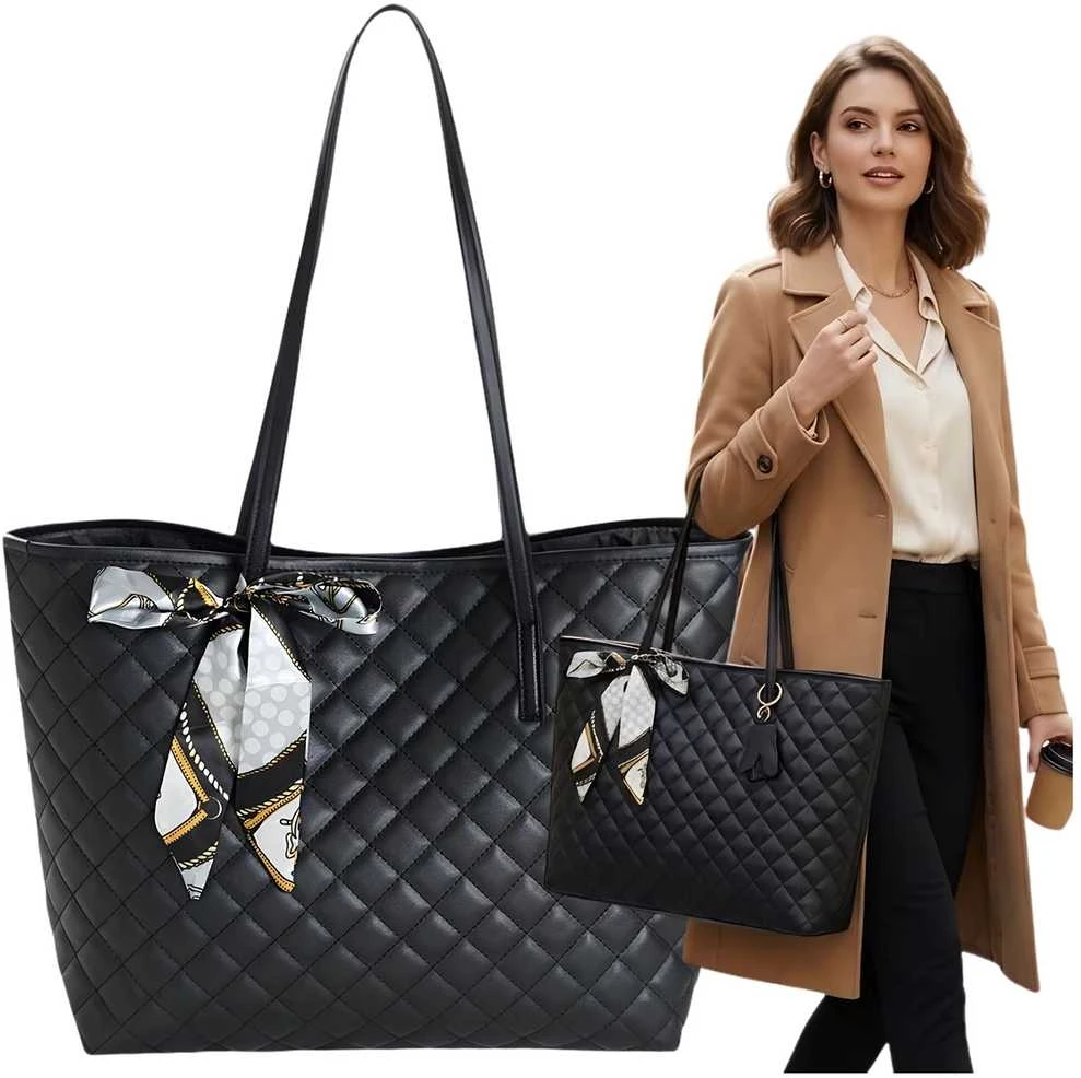 Didelė juoda dygsniuota shopper rankinė per petį