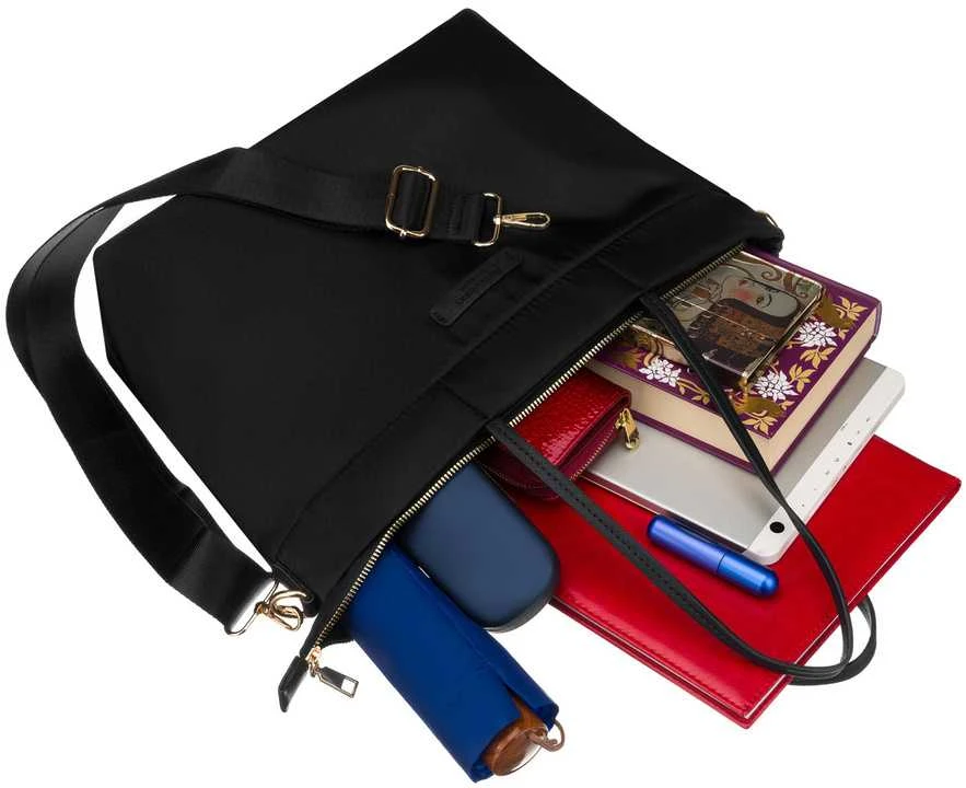 Didelė juoda moteriška „Peterson“ nailoninė shopper rankinė A4 formatui, su magnetiniu užsegimu