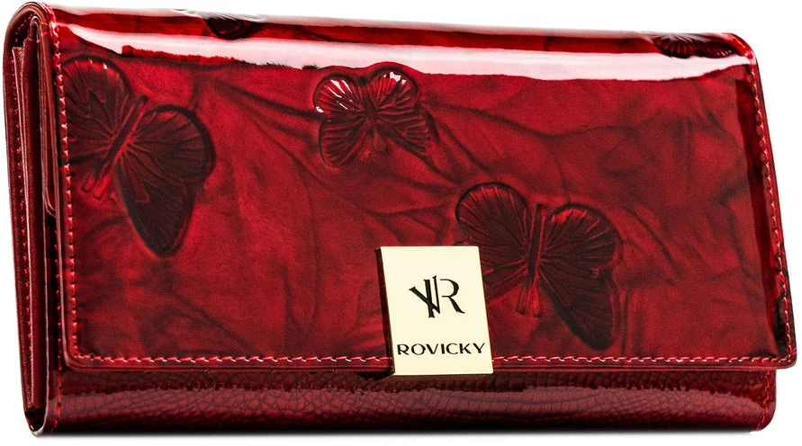 Didelė moteriška piniginė iš raudonos lakuotos natūralios odos su RFID apsauga – Rovicky DS10