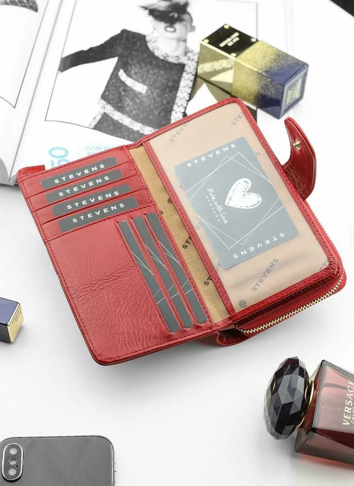 Didelė piniginė moterims Stevens su RFID apsauga, raudonos spalvos