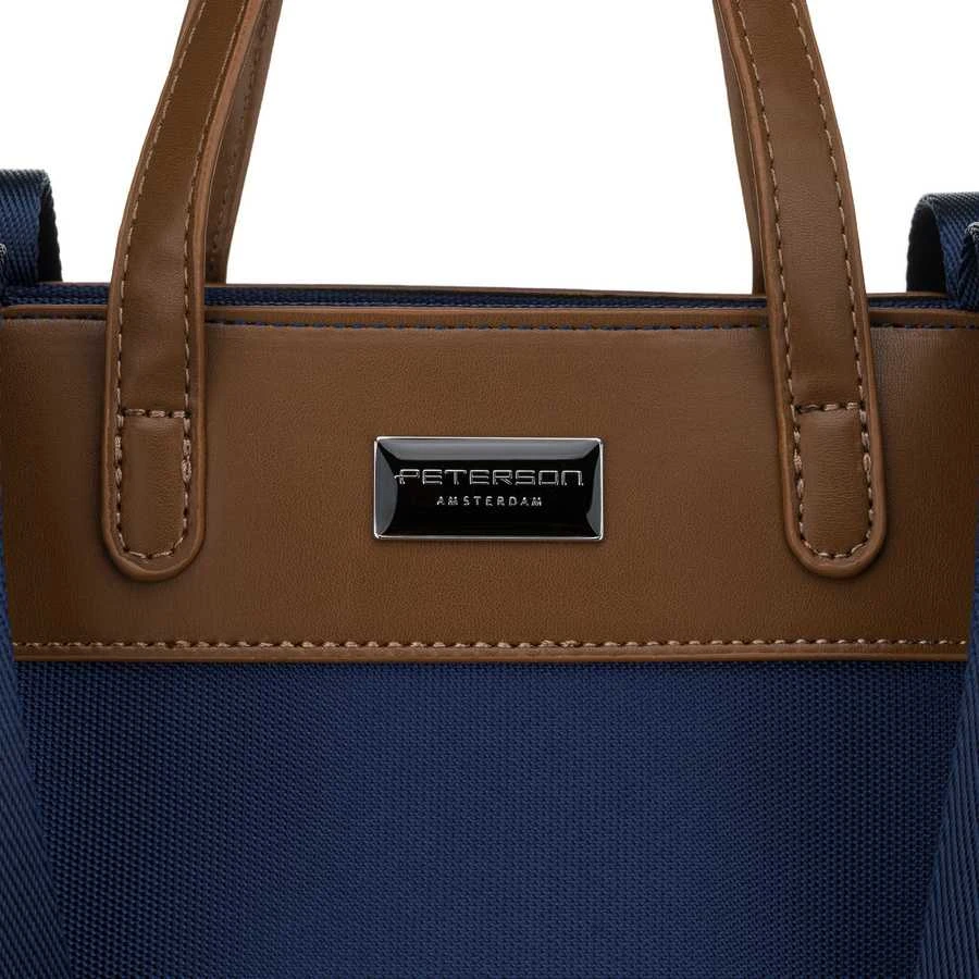 Didelė tamsiai mėlyna moteriška „Peterson“ shopper tipo rankinė su viena skyriumi, su rankenomis ir nuimamu dirželiu