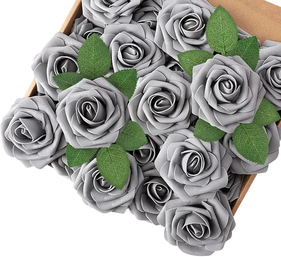 Dirbtinės sidabrinės putplasčio rožės, 25 vnt. N69
