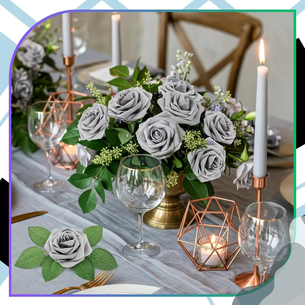 Dirbtinės sidabrinės putplasčio rožės, 25 vnt. N69