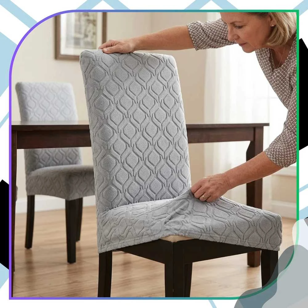 Elastingas kėdės užvalkalas, šviesiai pilkas, geometrinis