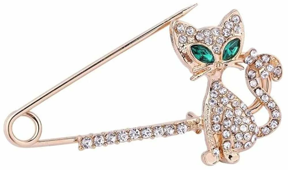 Elegantiška auksinė katės sagė, dekoruota cirkoniais
