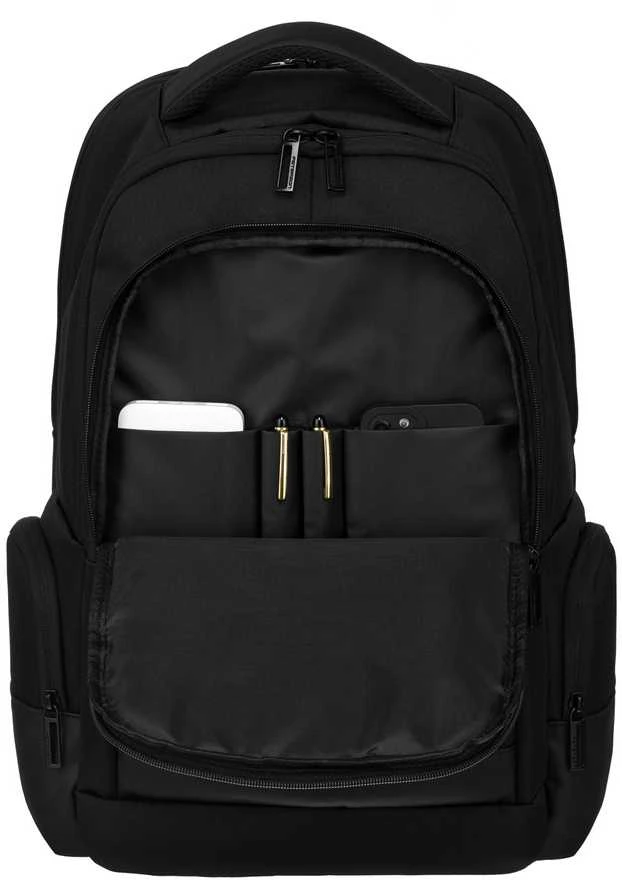 Elegantiška juoda odinė kelioninė kuprinė „Peterson“ su rankena ir nešiojamojo kompiuterio skyriumi K33