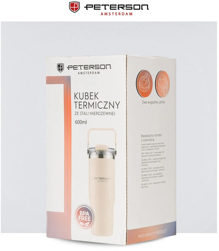 Juodas kubek termiczny ze stali nierdzewnej su praktycznym laikikliu - Peterson
