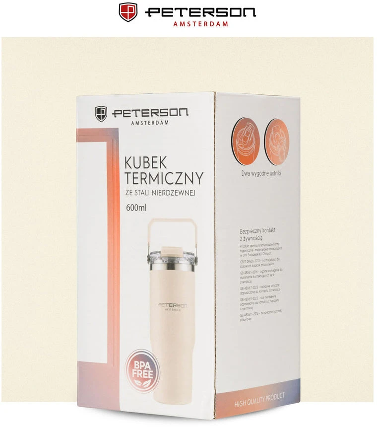 Juodas kubek termiczny ze stali nierdzewnej su praktycznym laikikliu - Peterson